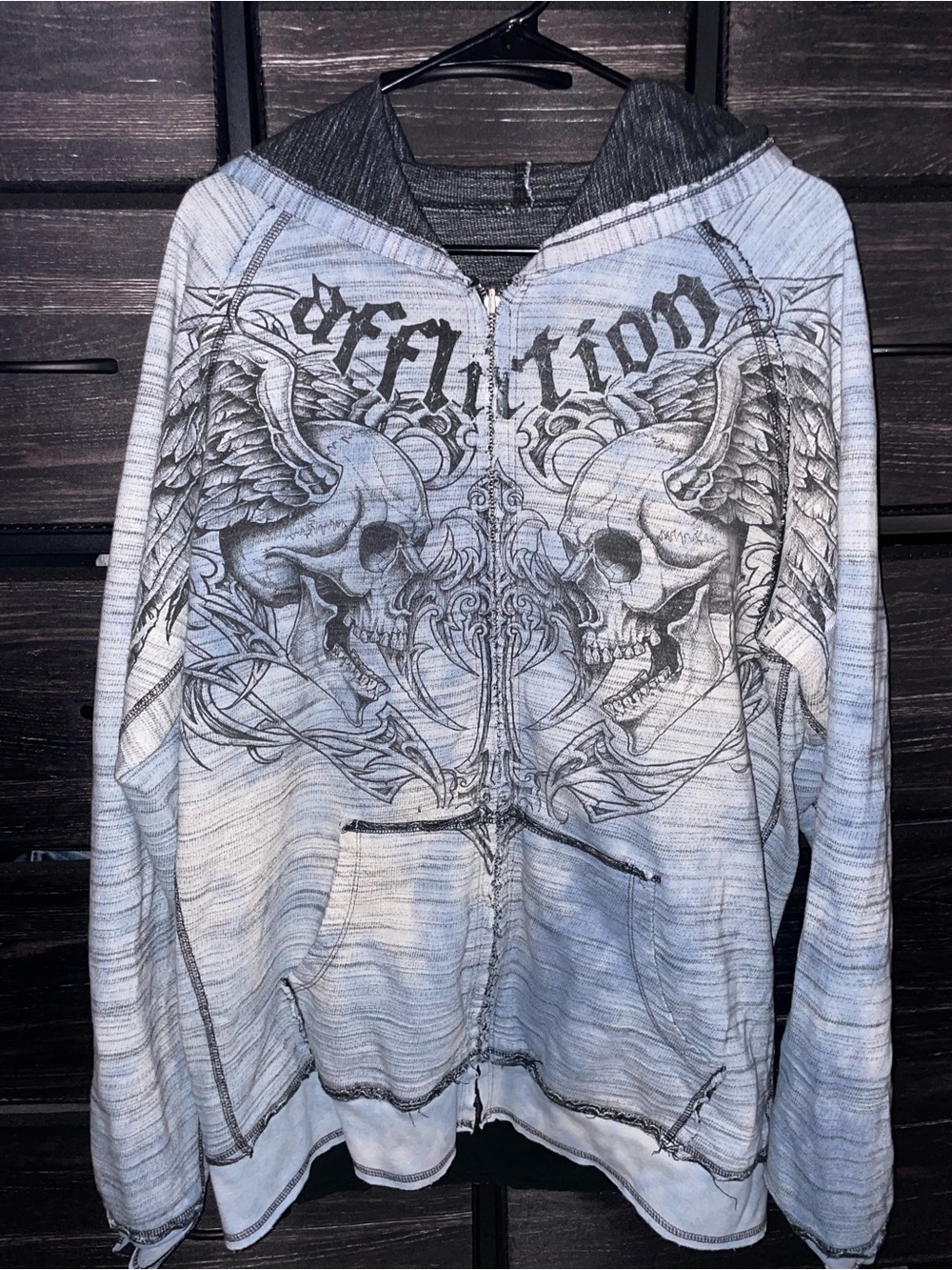 REVERSIBLE Affliction Men's Blue and Gray Zip-Up Hoodie with Winged Skull